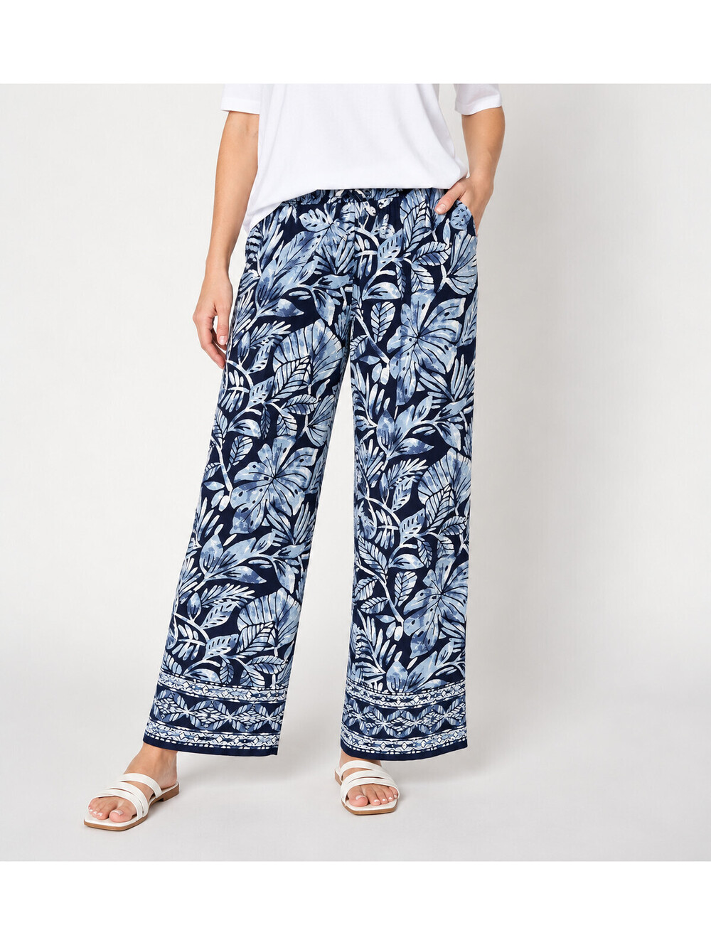 Denim & Co. Beach Jersey Full Length Wide Leg Pants Indigo Palm, Petite XX-Small